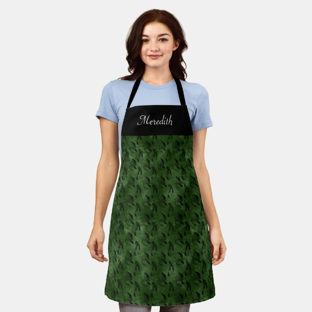 Tablier Sorcières volantes sur Motif vert (Porté)