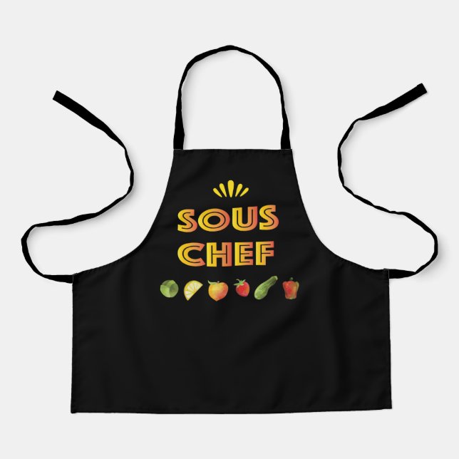 Tablier Sous Chef design ludique avec fruits et légumes (Recto)