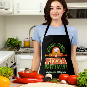 Tablier SPÉCIALISTE DE LA PIZZA avec nom sur fond TOUT NOI