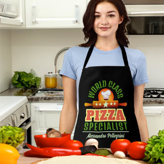 Tablier SPÉCIALISTE PIZZA avec nom sur TOUT NOIR