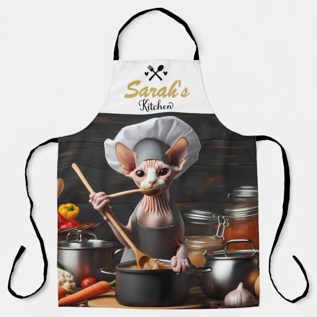 Tablier Sphynx Cat Apron Chef Cuisinier Nom personnalisé D (Recto)