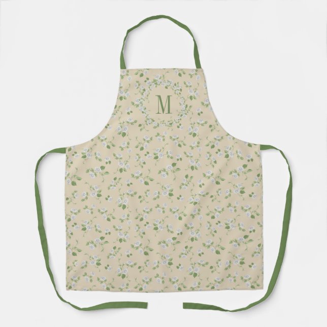 Tablier Style chalet Floral Blanc Faisées Crème Monogramme (Recto)