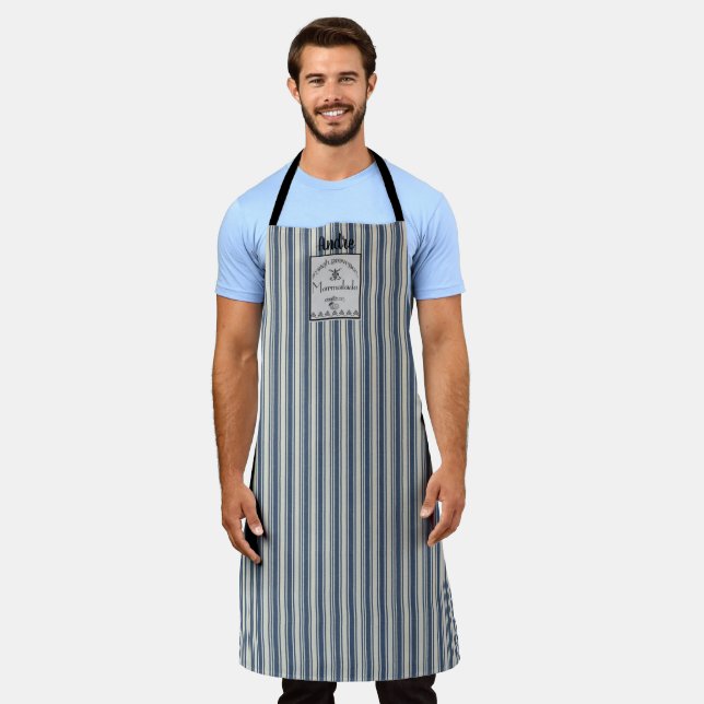 Tablier Style français Bleu Crème rayures Étiquette Marmal (Porté)