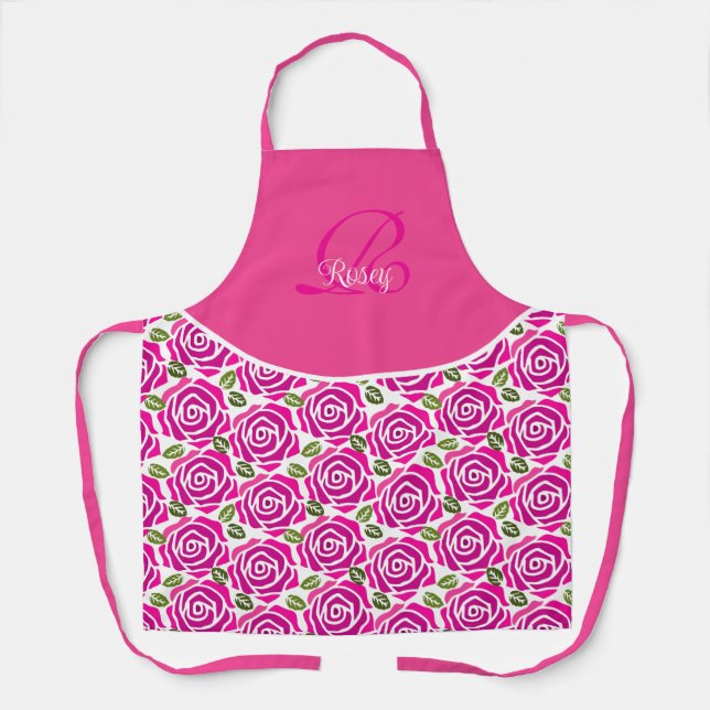 Tablier Stylish Initial Name Hot Pink Magenta Roses Custom (Recto)
