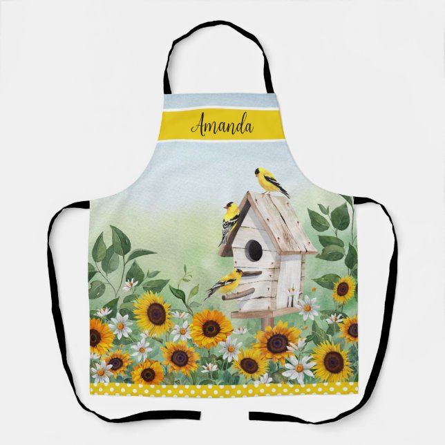 Tablier Sunflower Goldfinch Birdhouse Nom personnalisé (Recto)