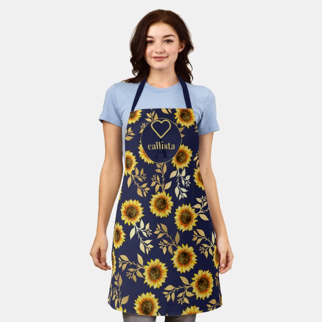Tablier Sunny Yellow Gold Navy Feuilles de tournesols Mono (Porté)