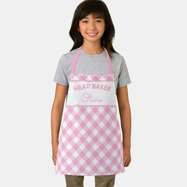 Tablier Super Cute Head Baker Rose En vichy Nom Apron (Insitu)