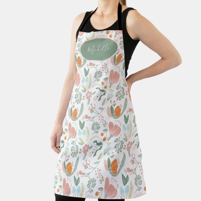 Tablier Sympathique botanique pastel motif floral vert nom (Insitu)