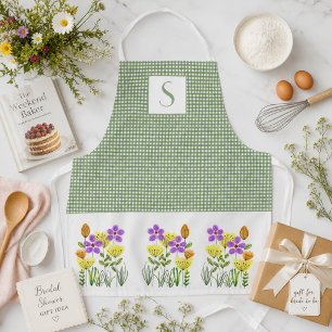 Tablier Tabard Vert Gingham Fleurs Sauvages Monogramme