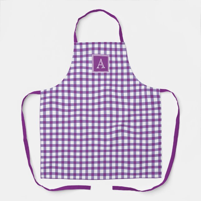 Tablier Tartan mauve En vichy plaid Monogramme moderne (Recto)