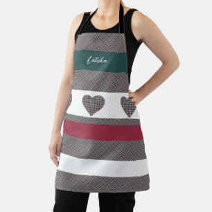 Tablier Tartan Moderne Vert Bourgogne Avec Coeurs