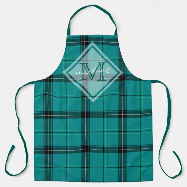 Tablier Tartan personnalisé monogramme Turquoise classique (Recto)