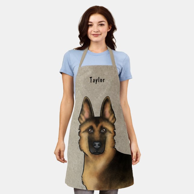 Tablier Tête de Berger Allemand Noir et Feu Nom Beige (Porté)