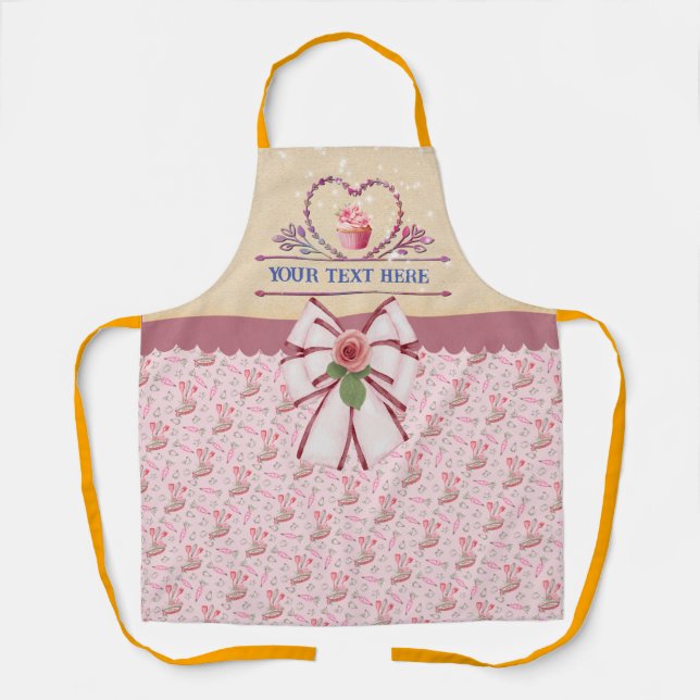 Tablier Texte personnalisé, Aquarelle Coeur et Cupcake (Recto)