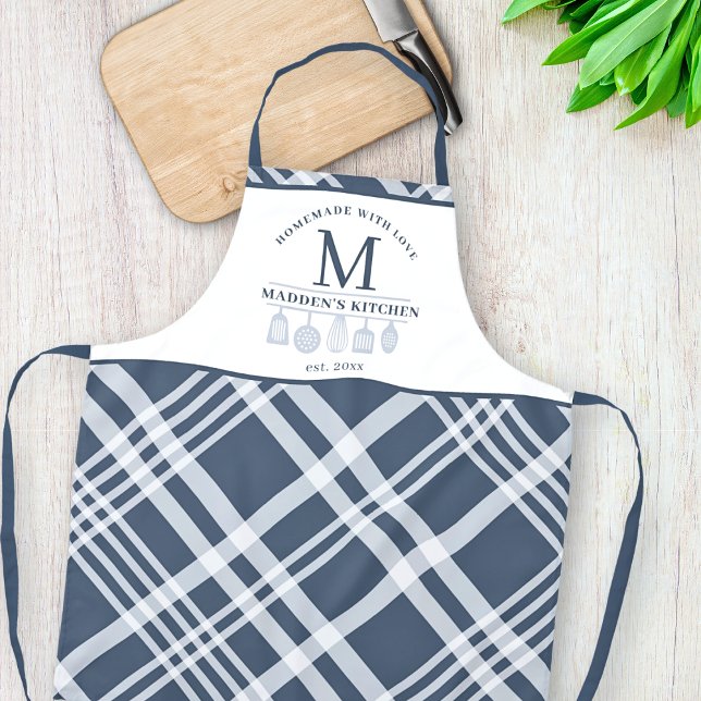 Tablier Texte personnalisé Marine Bleu Blanc Buffle Plaid  (Créateur téléchargé)