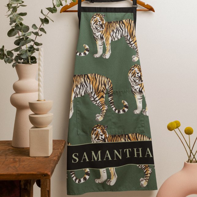 Tablier Tigres d'aquarelle verte tropicale Motif avec nom (Créateur téléchargé)