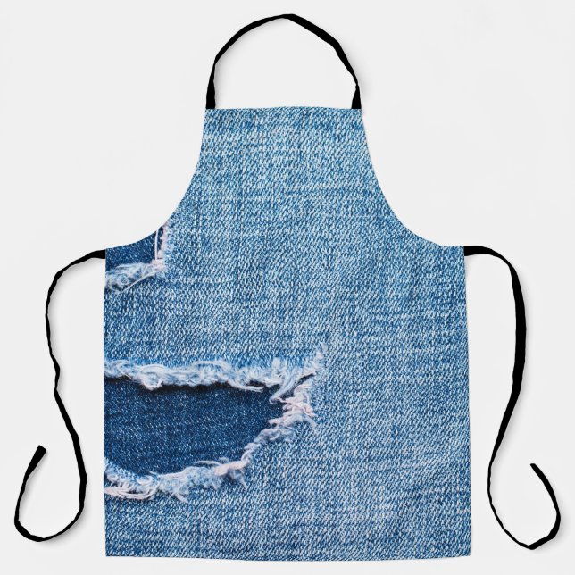 Tablier Tissu en denim déchiré, teintes bleues. (Recto)