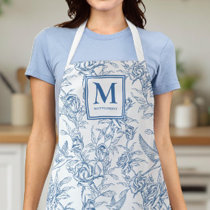 Tablier Toile de Jouy florale vintage bleue monogramme fra