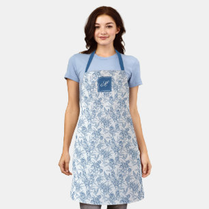 Tablier Toile de Jouy florale vintage bleue monogramme fra