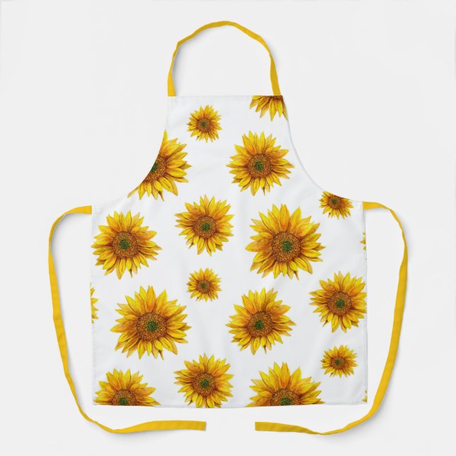 Tablier Tournesol. Aquarelle jaune rustique motif floral (Recto)