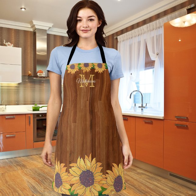 Tablier Tournesol Jaune Russe Bois Famille Monogramme (Créateur téléchargé)