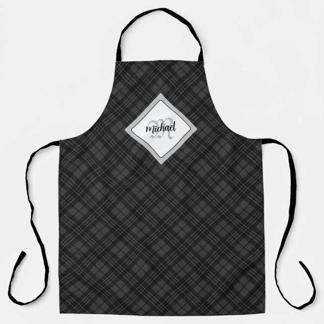 Tablier Trendy noir blanc tartan Personnaliser Monogramme (Recto)