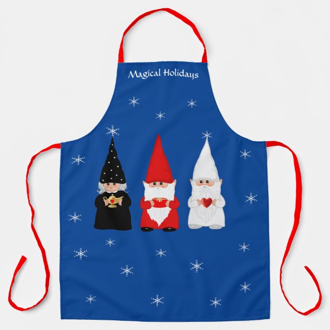 Tablier Trois Gnomes de Noël sur Royal Blue Apron (Recto)