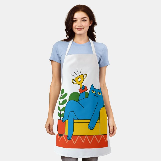 Tablier Trophy-Style Blue Cat Lounger - Apron (Porté)