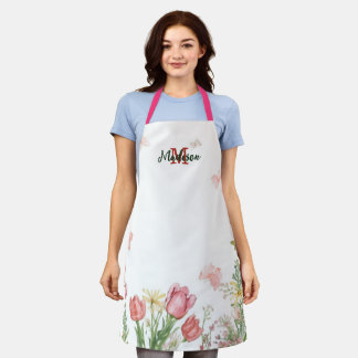 Tablier Tulipe fleur sauvage aquarelle rose élégante