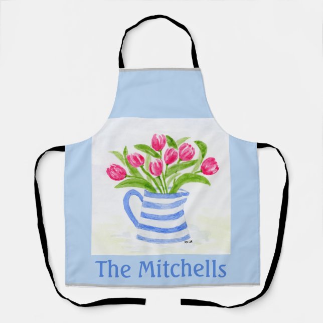 Tablier Tulipes Aquarelles Peintes à la main, Pitcher Bleu (Recto)