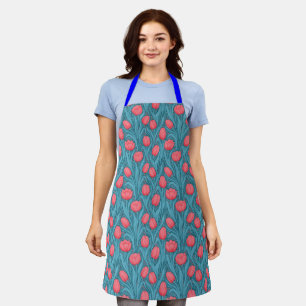 Tablier Tulipes en bleu et rouge