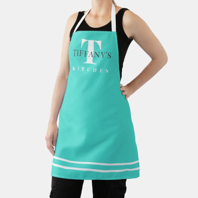 Tablier Turquoise blue custom name monogram kitchen apron (Insitu)