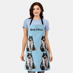 Tablier Tuxedo Chat Merry Catsmus Blue Christmas Apron