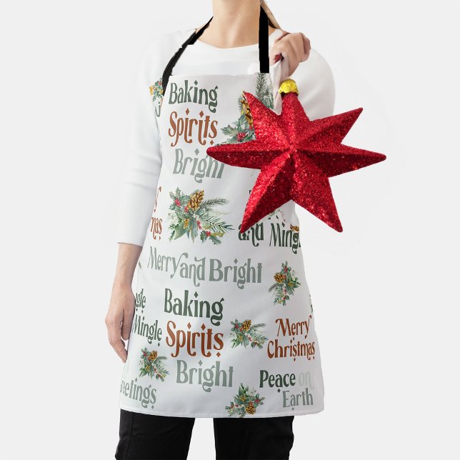 Tablier Typographie de Noël de Holly et Pine Cones (Baking Spirits Bright Apron for the Holiday Season with Holly and Pine Cone Bouquets)