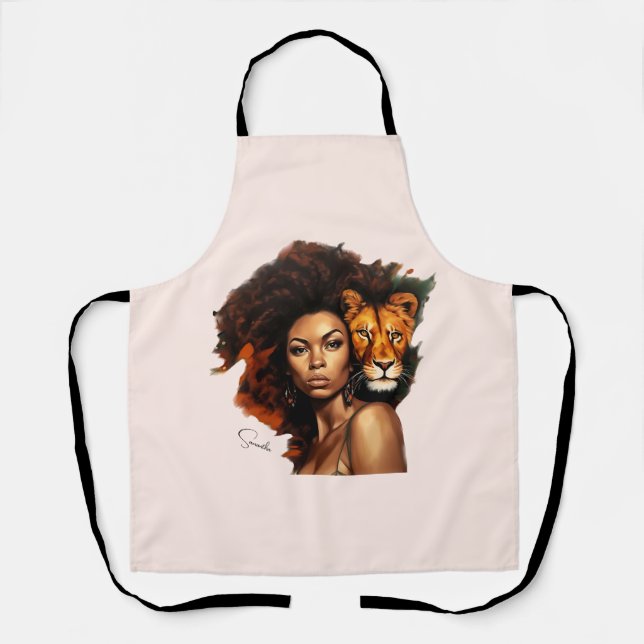Tablier Une femme afro-américaine avec un lion majestueux (Recto)