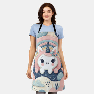 Tablier Une mignonne licorne regarde derrière un arc en ci