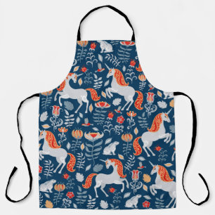 Tablier Unicornes, lapins, oiseaux, fleurs sur fond bleu