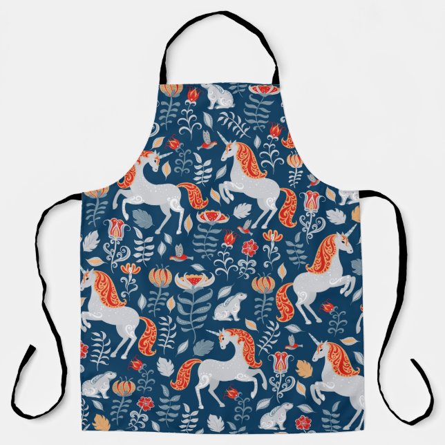 Tablier Unicornes, lapins, oiseaux, fleurs sur fond bleu (Recto)