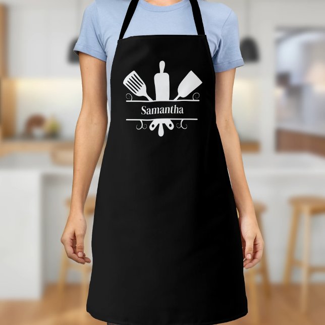 Tablier Ustensiles de cuisine monogramme noir (Kitchen Utensils Monogram Black Apron)