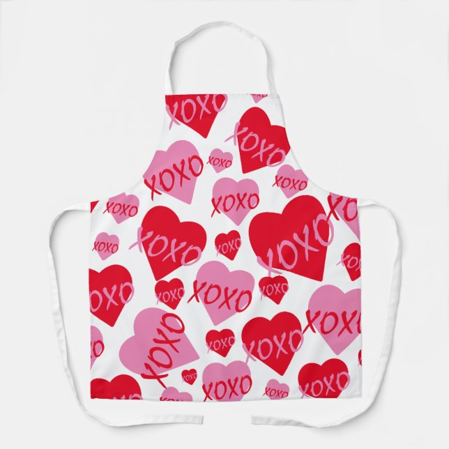 Tablier Valentine XOXO Coeur rose rouge Motif moderne blan (Recto)