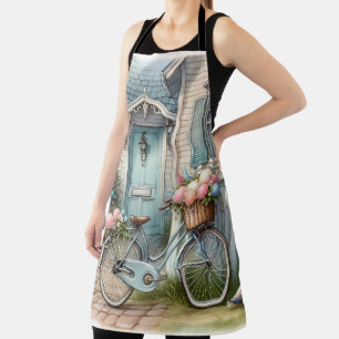 Tablier Vélo de chalet bleu avec panier à fleurs de printe