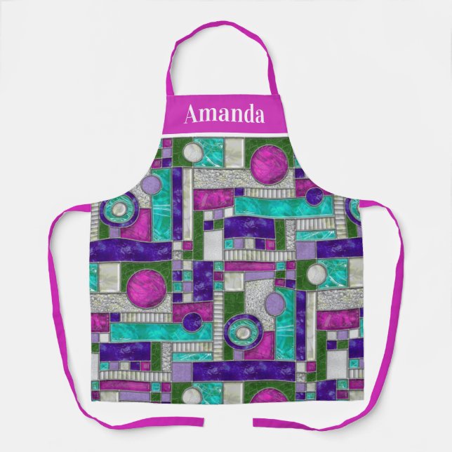 Tablier Verre Turquoise Art déco rose (Recto)