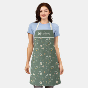 Tablier Vert sauge Crème Aquarelle Fleur sauvage Nom perso