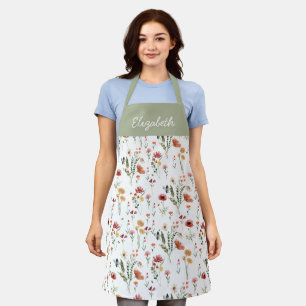 Tablier Vert sauge rose aquarelle Fleur sauvage Nom person