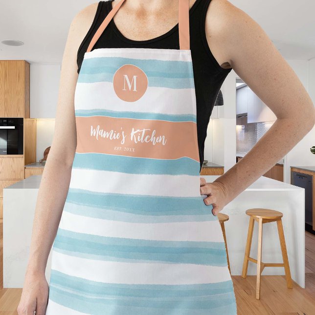 Tablier Vintage bleu Pêche rose rose Nautique Monogramme c (coastal nautical stripes gift apron personalized monogram blue peach pink vintage retro cottagecore )