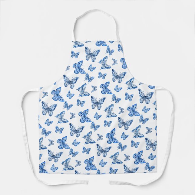 Tablier Vintage Chinoiserie Bleu Blancs Papillons (Recto)