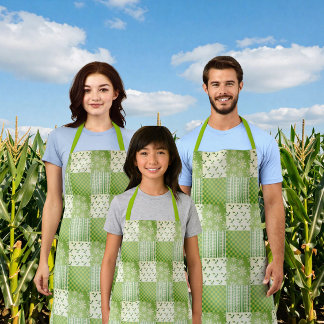 Tablier Vintage Look Green Yellow Ecru Patchwork