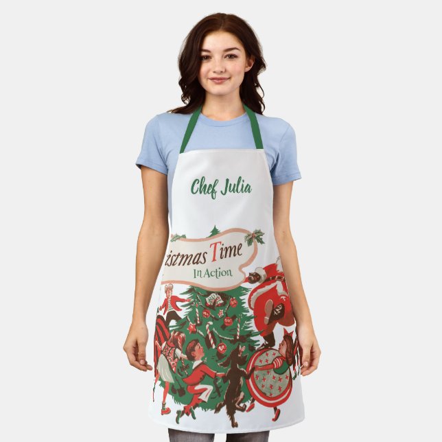 Tablier Vintage Noël Père Noël et enfants dansants (Porté)