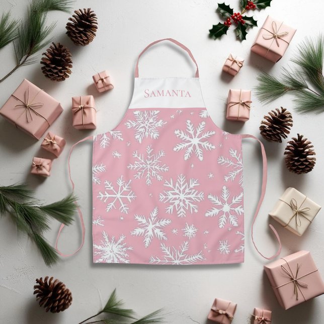Tablier Vintage Pink élégant Snowflakes Personnalisé (Vintage Pink elegant Snowflakes Personalized Apron)