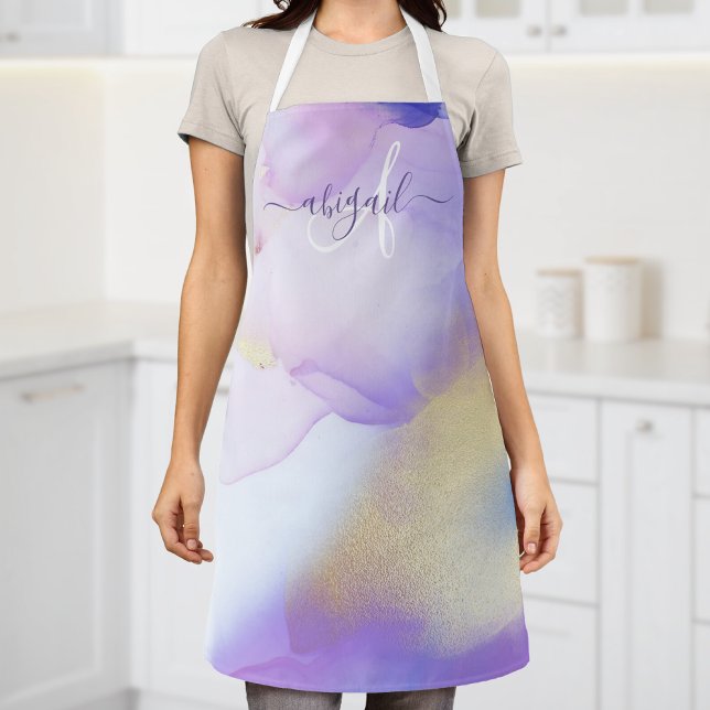 Tablier Violet Aquarelle Luxe Nom personnalisé Monogramme (Créateur téléchargé)